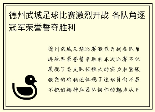 德州武城足球比赛激烈开战 各队角逐冠军荣誉誓夺胜利