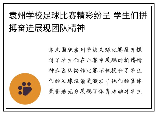 袁州学校足球比赛精彩纷呈 学生们拼搏奋进展现团队精神