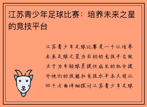 江苏青少年足球比赛：培养未来之星的竞技平台