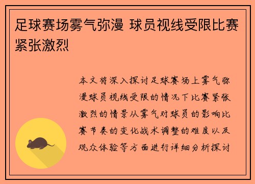 足球赛场雾气弥漫 球员视线受限比赛紧张激烈