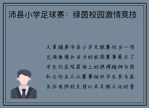 沛县小学足球赛：绿茵校园激情竞技