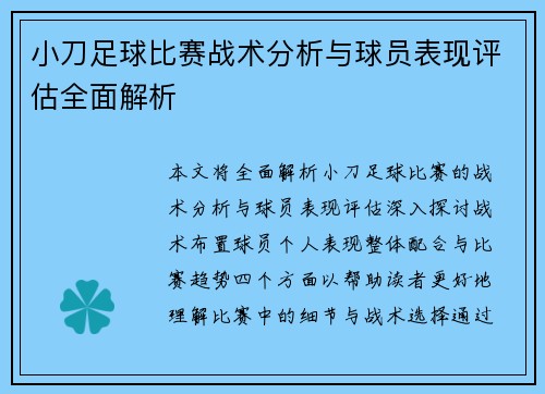 小刀足球比赛战术分析与球员表现评估全面解析