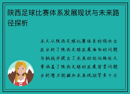 陕西足球比赛体系发展现状与未来路径探析