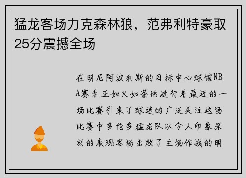 猛龙客场力克森林狼，范弗利特豪取25分震撼全场