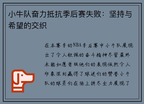 小牛队奋力抵抗季后赛失败：坚持与希望的交织