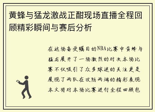 黄蜂与猛龙激战正酣现场直播全程回顾精彩瞬间与赛后分析