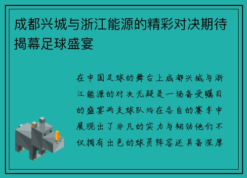 成都兴城与浙江能源的精彩对决期待揭幕足球盛宴