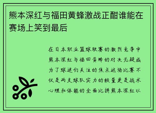 熊本深红与福田黄蜂激战正酣谁能在赛场上笑到最后