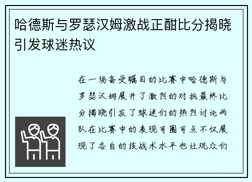 哈德斯与罗瑟汉姆激战正酣比分揭晓引发球迷热议