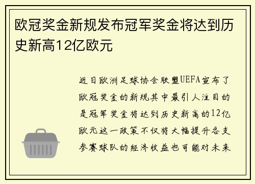 欧冠奖金新规发布冠军奖金将达到历史新高12亿欧元