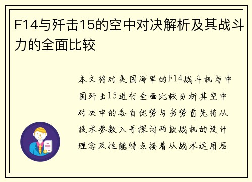 F14与歼击15的空中对决解析及其战斗力的全面比较