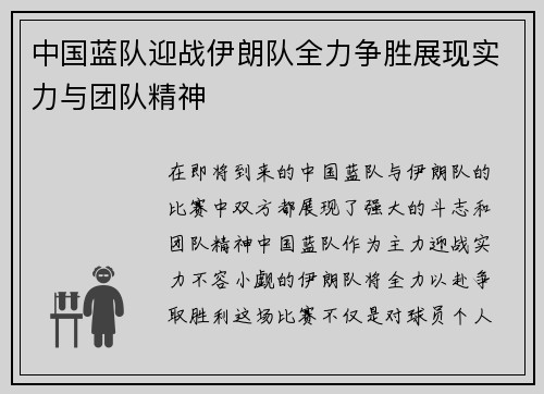 中国蓝队迎战伊朗队全力争胜展现实力与团队精神