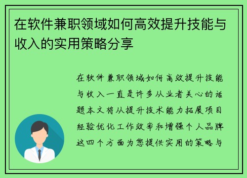 在软件兼职领域如何高效提升技能与收入的实用策略分享