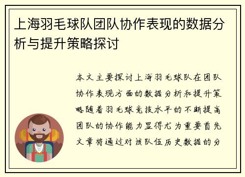 上海羽毛球队团队协作表现的数据分析与提升策略探讨
