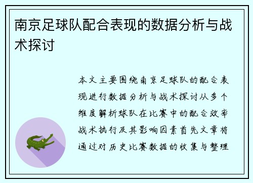南京足球队配合表现的数据分析与战术探讨
